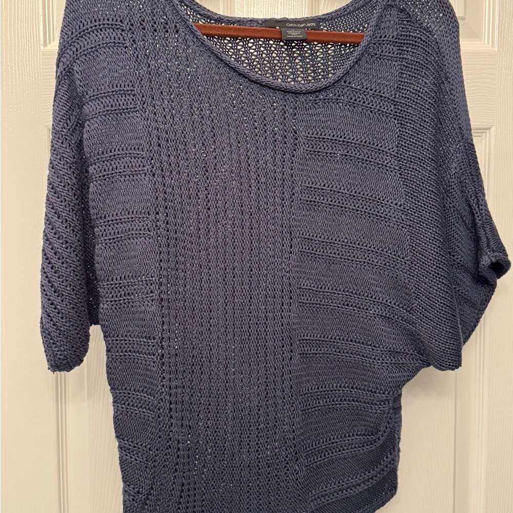 Calvin Klein Blue Crew Neck Sweater with Textured Knit and Relaxed Fit